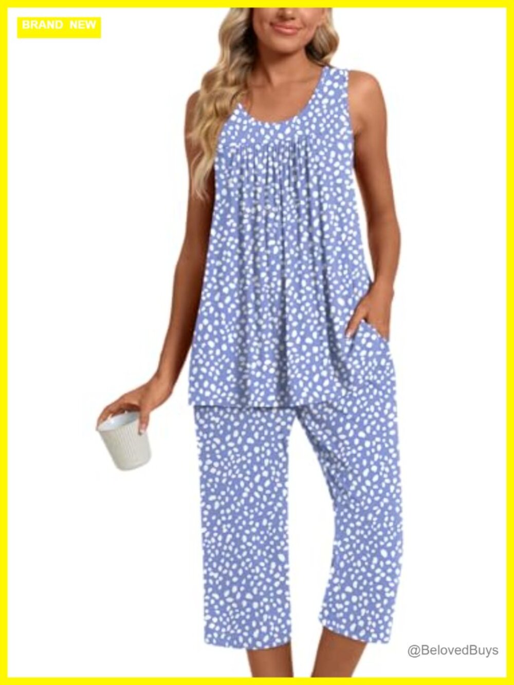 Womens Sleeveless Capri Pajama Set 2 Piece Soft Loungewear with Pockets